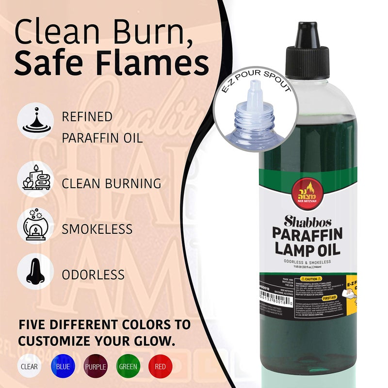 Ner Mitzvah Paraffin Lamp Oil - Green Smokeless, Odorless, Clean Burning Fuel for Indoor and Outdoor Use with E-Z Fill Cap and Pouring Spout - 32oz - Image 2